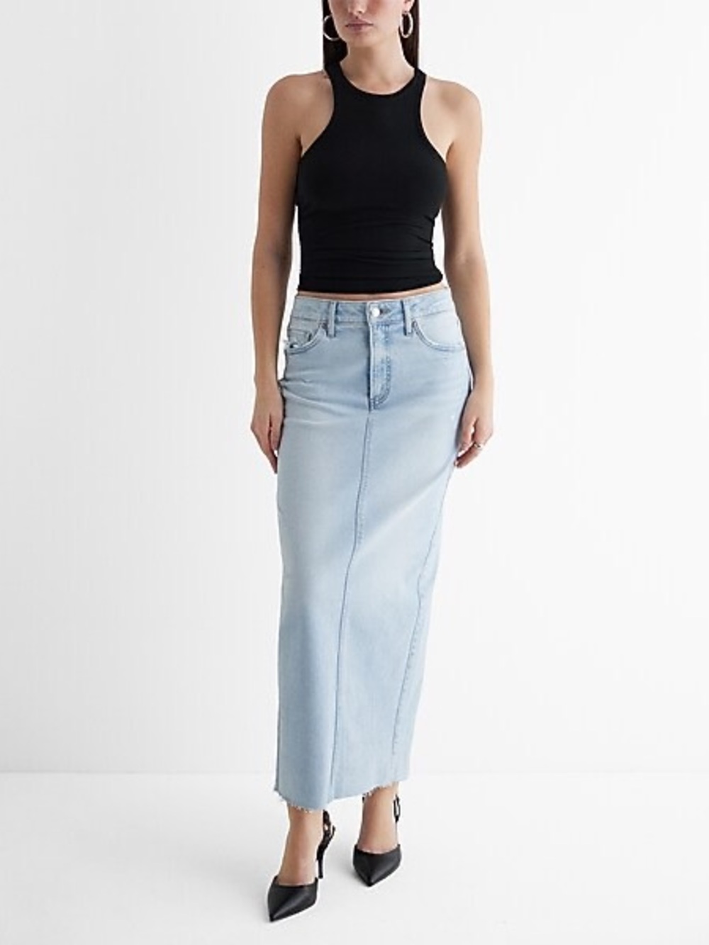 Express High Waisted Raw Hem Back Slit Maxi Denim Skirt